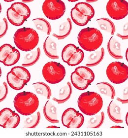 Seamless pattern with abstract, stylized apples and apple slices. Summer bright red geometric fruits patterned. Vector hand drawn sketch textured printing. Collage for designs, print