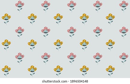 Seamless pattern of abstract stylized flowers with pink and yellow buds and pigeon gray stems in a Scandinavian style on a gray background. Endless texture of cute cartoon poppies or tulips. Vector.