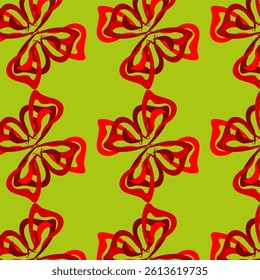 Seamless pattern, abstract stylized flowers of red color, located on a light green background. Vector design, for printing on paper and fabrics.