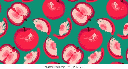 Patrón sin soldadura con formas abstractas y estilizadas manzanas y rebanadas de manzanas sobre un fondo verde. Frutos geométricos rojos brillantes de verano estampados. Dibujo manual vectorial manzanas impresión texturizada.