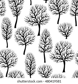 Seamless pattern with abstract stylized trees. Natural view of black silhouettes.
