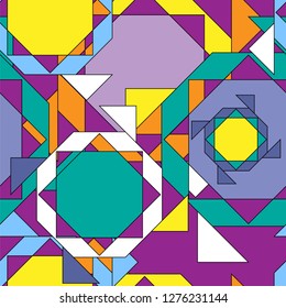 Seamless pattern with abstract summer print. Wallpaper, background, base with predominant lilac, yellow and green. Vector illustration
