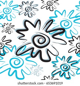 Seamless pattern with abstract sun or flowers. Vector graphic illustration for background, wallpaper. Image in blue and white colors.