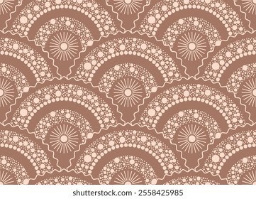 Seamless pattern with abstract sun and polka dot arc in trendy color  palette of 2025 year.