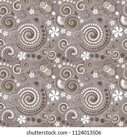 Seamless pattern from abstract swirl ornaments in pastel colors on a beige background. Vector illustration. Suitable for fabric, wallpaper and wrapping paper