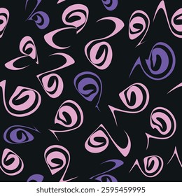 Seamless pattern with abstract swirl shapes in pink and purple shades on a dark background. Vector illustration for your design.