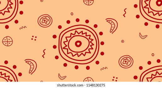 Seamless pattern with abstract symbols. Red and beige background. Light wallpaper vector sketch.