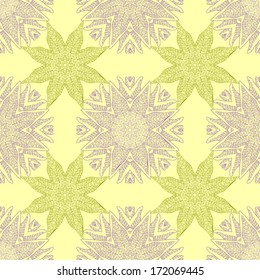 Seamless pattern with abstract symmetrical decorative elements in a gentle colors