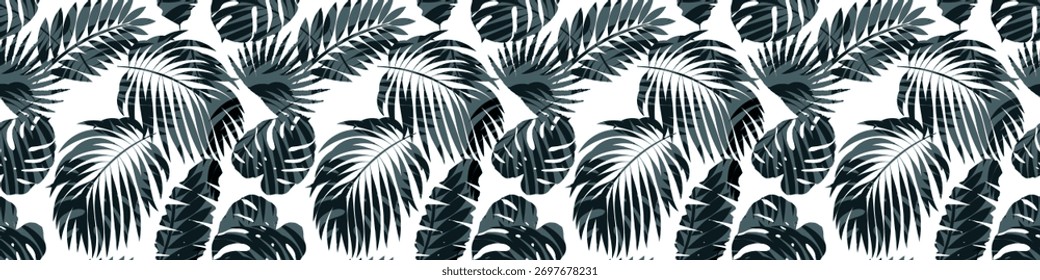Seamless Pattern with Abstract Symmetry and Tropical Foliage. Backgrounds design for Fashion and Corporate Design. Tropical Palm Leaf Pattern