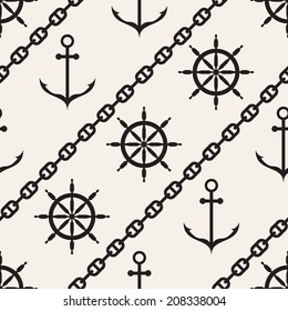 Seamless pattern. Abstract texture with anchors, wheels and chains. Vector stylish monochrome print