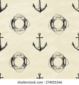 Seamless pattern. Abstract texture with anchors and  lifebuoy. Vintage style. Vector illustration.  