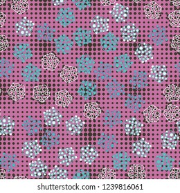 Seamless pattern. Abstract texture for children's themes. The composition of the pentagons on the background of rows of circles.