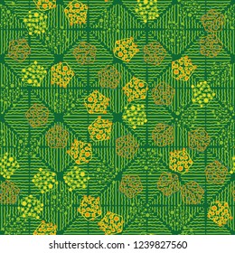 Seamless pattern. Abstract texture for children's themes. Composition of pentagons on the background of rhombuses consisting of wavy lines.