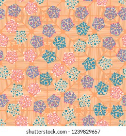 Seamless pattern. Abstract texture for children's themes. Composition of pentagons on the background of a diamond-like hatching.