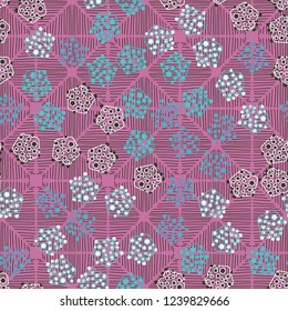 Seamless pattern. Abstract texture for children's themes. Composition of pentagons on the background of a diamond-like hatching.