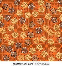 Seamless pattern. Abstract texture for children's themes. Composition of pentagons on the background of a diamond-like hatching.