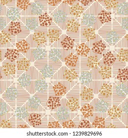 Seamless pattern. Abstract texture for children's themes. Composition of pentagons on the background of a diamond-like hatching.