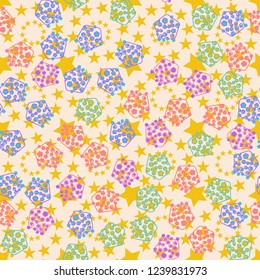 Seamless pattern. Abstract texture for children's themes. The composition of the pentagons on the background of circles of five-pointed stars.