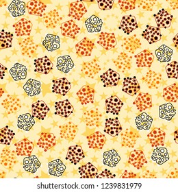 Seamless pattern. Abstract texture for children's themes. The composition of the pentagons on the background of circles of five-pointed stars.