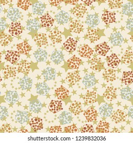 Seamless pattern. Abstract texture for children's themes. The composition of the pentagons on the background of circles of five-pointed stars.
