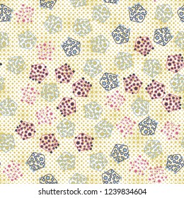Seamless pattern. Abstract texture for children's themes. The composition of the pentagons on the background of rows of small five-pointed stars.