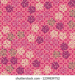 Seamless pattern. Abstract texture for children's themes. The composition of the pentagons on the background of rhombuses created from a wedge-shaped notch.