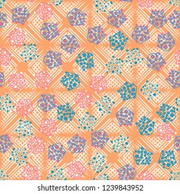 Seamless pattern. Abstract texture for children's themes. Composition of pentagons on the background of wafer rhombuses.