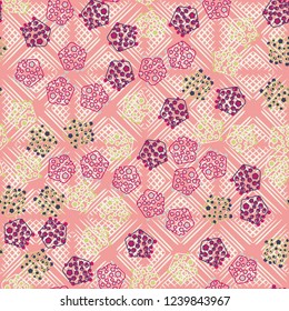 Seamless pattern. Abstract texture for children's themes. Composition of pentagons on the background of wafer rhombuses.