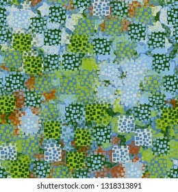 Seamless pattern. An abstract texture containing inflated squares with variable transparency. 
Background consisting of round gear figures. Editable.