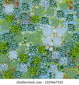 Seamless pattern. An abstract texture containing inflated squares with variable transparency. 
The background consists of blots with contours. Editable.
