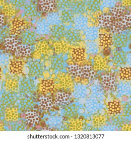 Seamless pattern. An abstract texture containing inflated squares with variable transparency. 
The background consists of blots with contours. Editable.