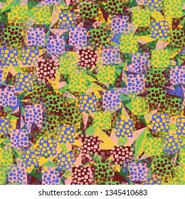 Seamless pattern. An abstract texture containing inflated squares with variable transparency.
The background consists of chaos of sharp triangles of different colors.