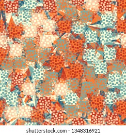 Seamless pattern. An abstract texture containing inflated squares with variable transparency.
The background consists of chaos of sharp triangles of different colors.