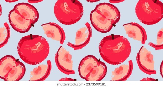 Seamless pattern with abstract texture red apples and apple slices. Vector hand drawn apple print. Template for design, fabric, interior decor, textile, fashion, wallpaper, surface design