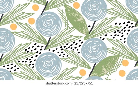 Seamless pattern with abstract texture shapes,dots,grunge leaves in blue and olive green.Trendy background for printing on fabric and paper.Vector hand drawn illustration for design card,cover.