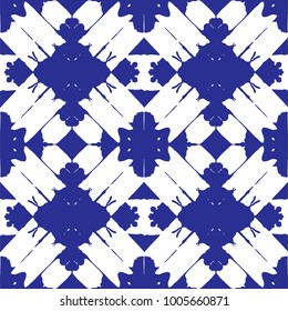 Seamless pattern, abstract tie dyed fabric of indigo color on white cotton. Hand painted. Shibori dyeing /Vector Illustration