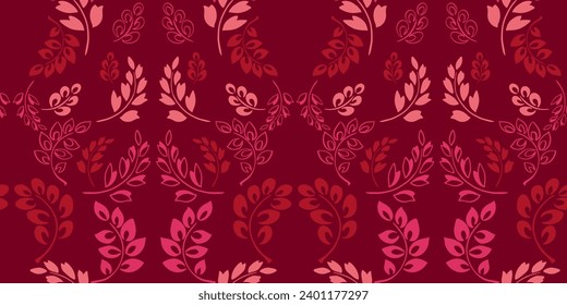 Seamless pattern abstract tiny leaves branches, drops, ornament.  Vector hand drawn sketch. Simple monotone burgundy floral tapestry background. Design for fabric, fashion, textile, wallpaper