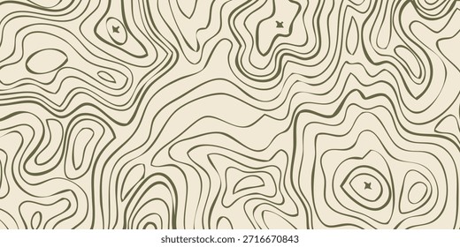 Um padrão sem costura de linhas de contorno topográfico abstrato em marrom escuro em um fundo bege claro, criando uma sensação de elevação e topografia.