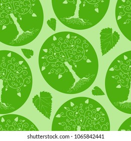 Seamless pattern from an abstract tree in a green circle on a green background
