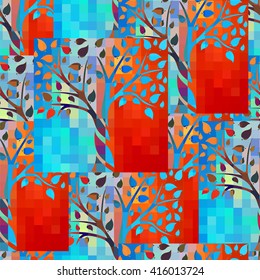 seamless pattern with abstract tree on a background of bright psychedelic pixels
