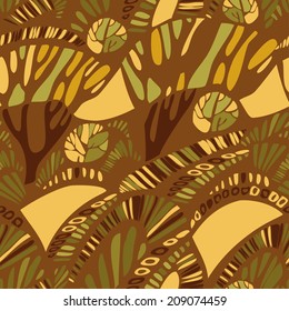 Seamless pattern with abstract trees in african savanna. Vector sultry landscape with african savanna