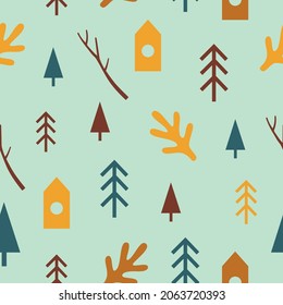 Seamless Pattern with abstract trees, branches, houses. Vector blue background with geometric shapes in a simple style. Perfect for wrapping paper, scrumbooking, napkins for decoupage or baby design