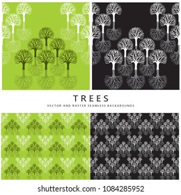 Seamless pattern with abstract trees. Vector graphic illustration for background, wallpaper. Set of images in green and black colors.