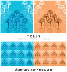 Seamless pattern with abstract trees. Vector graphic illustration for background, wallpaper. Set of images in beige and blue colors. 