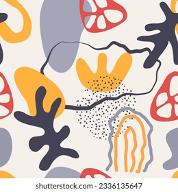 Patrón sin foco. Resumen de doodle a la moda en el estilo de arte de mascotas orgánicas a mano alzada. Diversas formas y objetos. Plantillas modernas de iconos contemporáneos para afiches, medios sociales. Vector