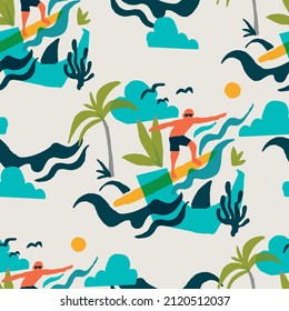 Seamless pattern of a abstract tropic island and surf illustration background elements