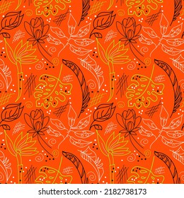 Patrón sin brillo con hojas trópicas abstractas sobre fondo naranja