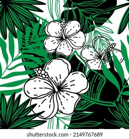 Seamless pattern of abstract tropical elements hand-drawn in sketch style. Monochrome with spots. Bright strelitia flowers, palm leaves and foliage. Tropics. Summer. Strelicia. Isolated vector.