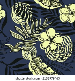 Seamless pattern of abstract tropical elements hand-drawn in sketch style. Monochrome with spots. Bright strelitia flowers, palm leaves and foliage. Tropics. Summer. Strelicia. Isolated vector.