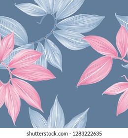 Seamless pattern with abstract tropical exotic leaves.